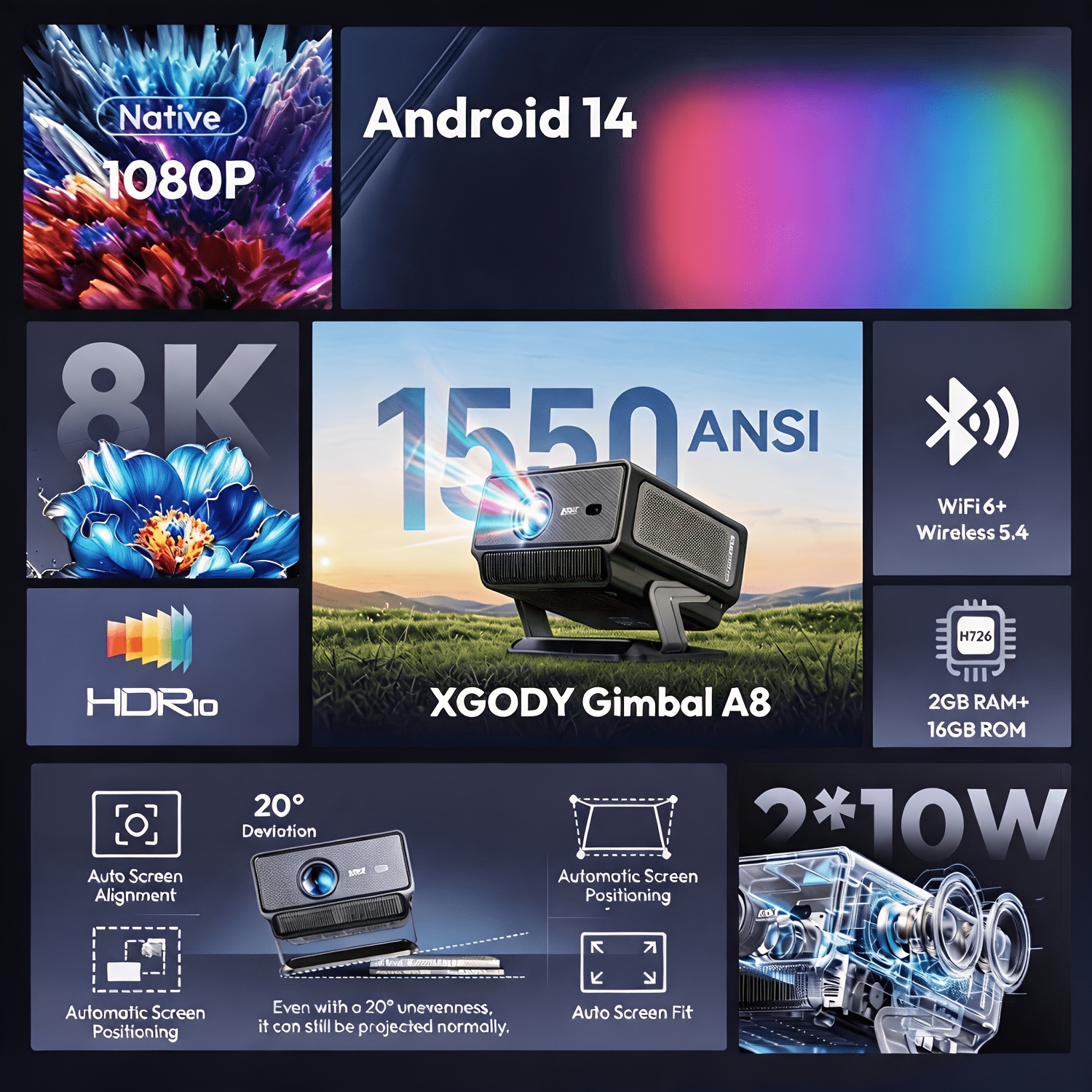 Image of [ Projector] Xgody A8 1550ansi Smart Projector With Wifi6 And Bt 5.4, Local 1080p Support 8k, 14, And Auto Keystone Correction, 40'-180', Compatible With Phone/laptop/gift