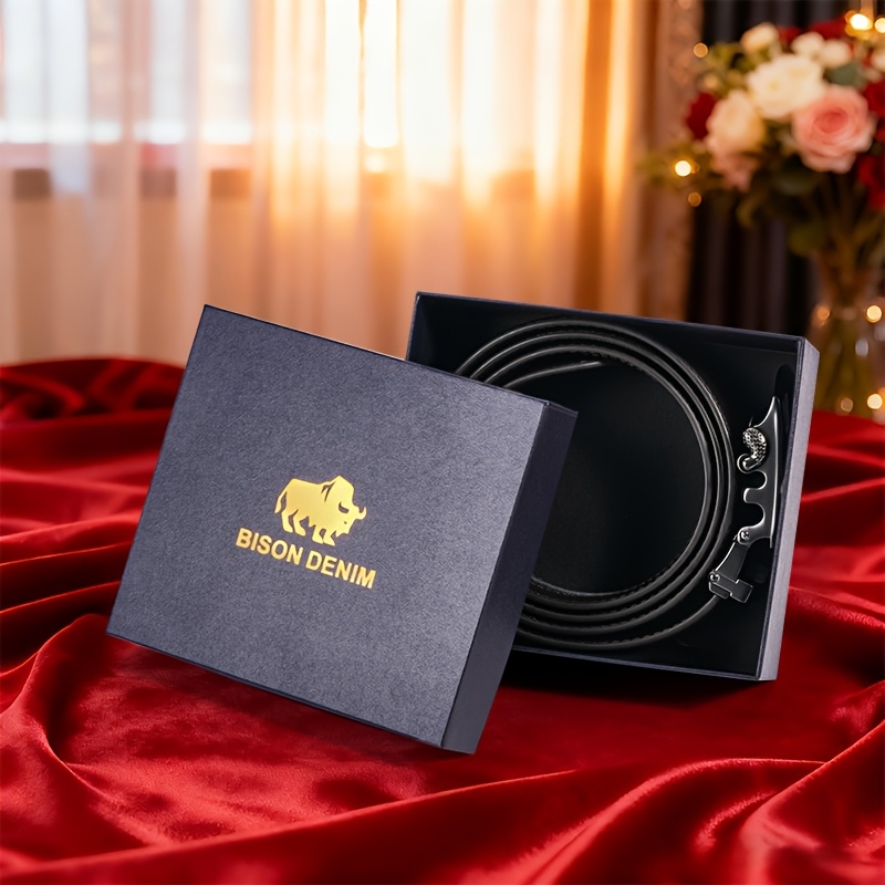 BISON DENIM Men'S Automatic Buckle Casual Belt | Second Layer Cowhide, Business Formal, Daily Multi-Functional, Adjustable, Genuine Leather, Zinc Alloy Golden Buckle, Gift Box, Suitable for Valentine'S Day and Christmas Gift