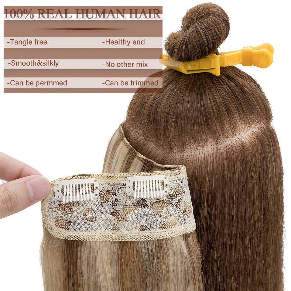 1pc 5 clip in elegant straight v shape hair extension real human hair accessories for women and girls 16 22inch   look with decorative clips increase hair volume halloween christmas festival   diverse hairstyles   details 6