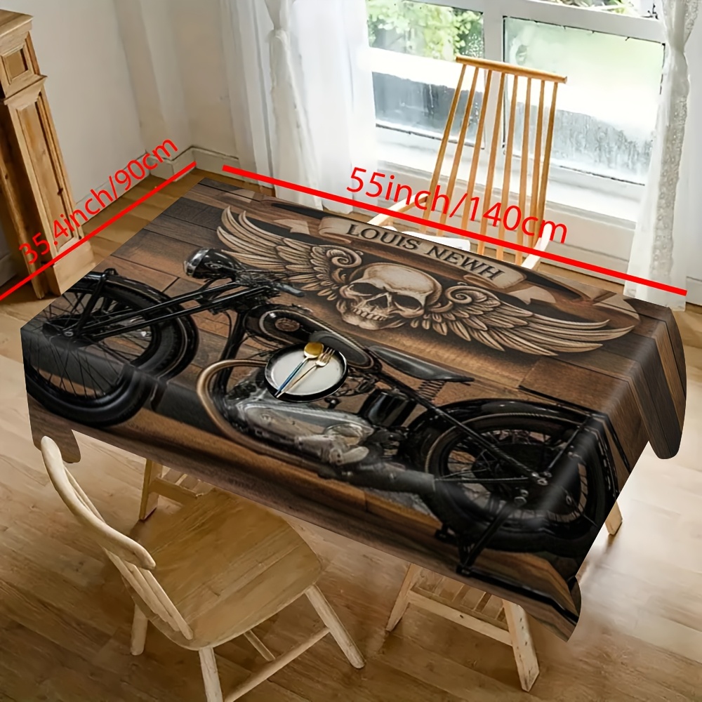 TEMU 1pc Vintage Motorcycle & Design Rectangular Tablecloth - Durable Polyester Machine- Indoor/outdoor Kitchen, Dining, Picnic Decor - Vibrant Retro
