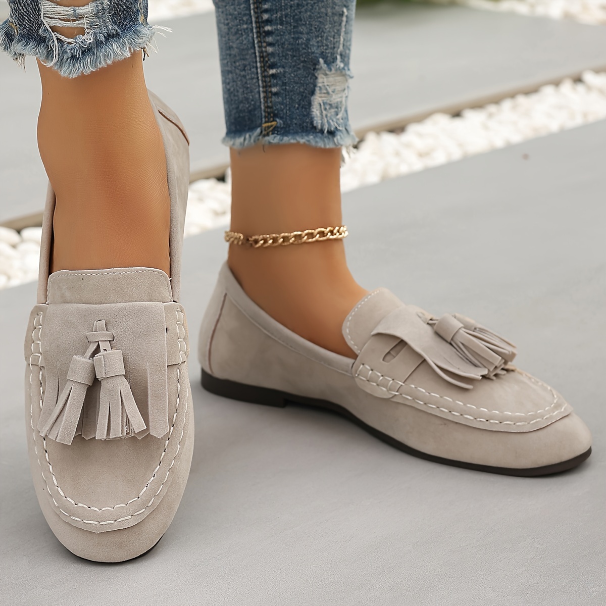 Vintage Tassel Loafers Women's Slip-Ons Penny Shoes Lightweight Rubber  Sole Round-Toe Fabric Upper Brogue Detail, Washable (No Dr