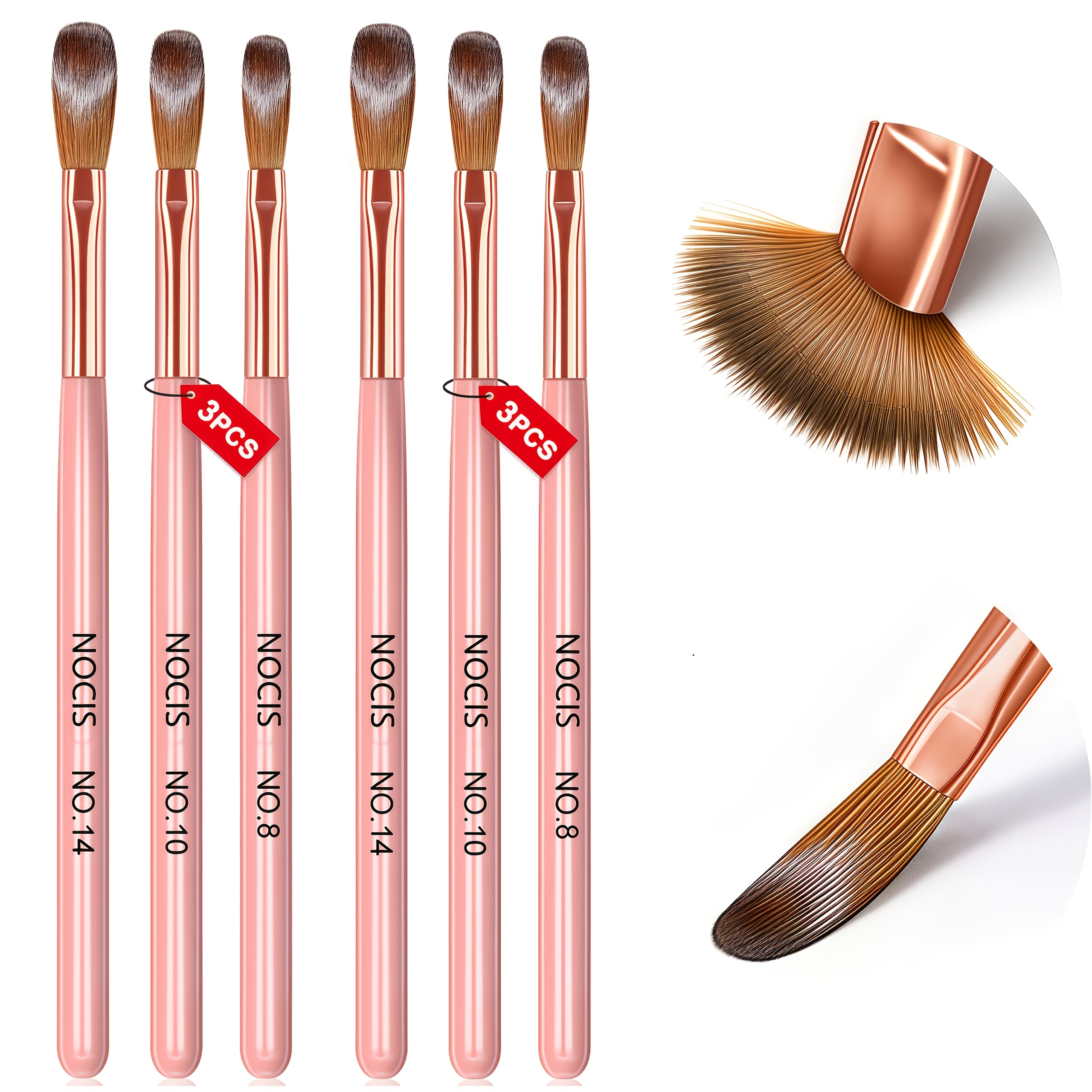 E-shop Professionelles 6-teiliges Acryl Nagel Pinsel Set - Inklusive Größen 8, 10 und 14, Ideal für die Verwendung mit Acrylpuder, für die Erstellung