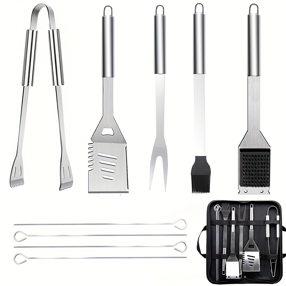 Image of 10pcs Stainless Steel Bbq Grilling Accessories Set, Portable And Practical Grill Tools Utensil Kit With Storage Bag For Outdoor Grill Camping Backyard, Perfect For Father's Day Grilling Gifts