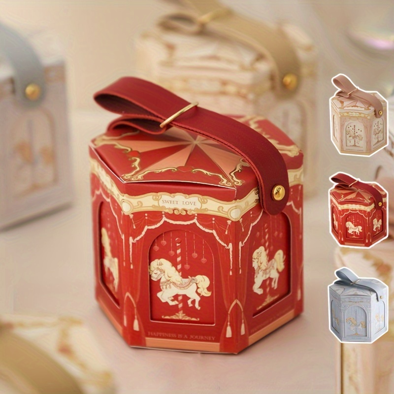 

10pcs Carousel Design Candy Gift Boxes With Handle, Fantasy Themed Paper Favor Boxes For Wedding, Birthday Party Snacks And Packaging, Assorted Patterns