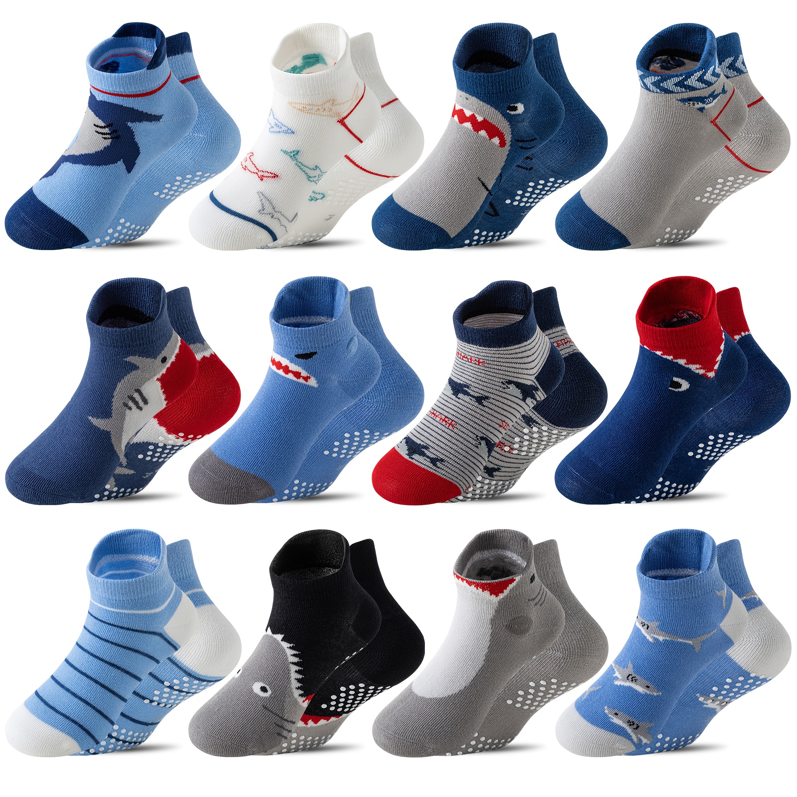 Image of 12 Pairs Baby Boys Toddler Grip Socks Kids Non-slip Ankle Socks With Grippers Shark Socks