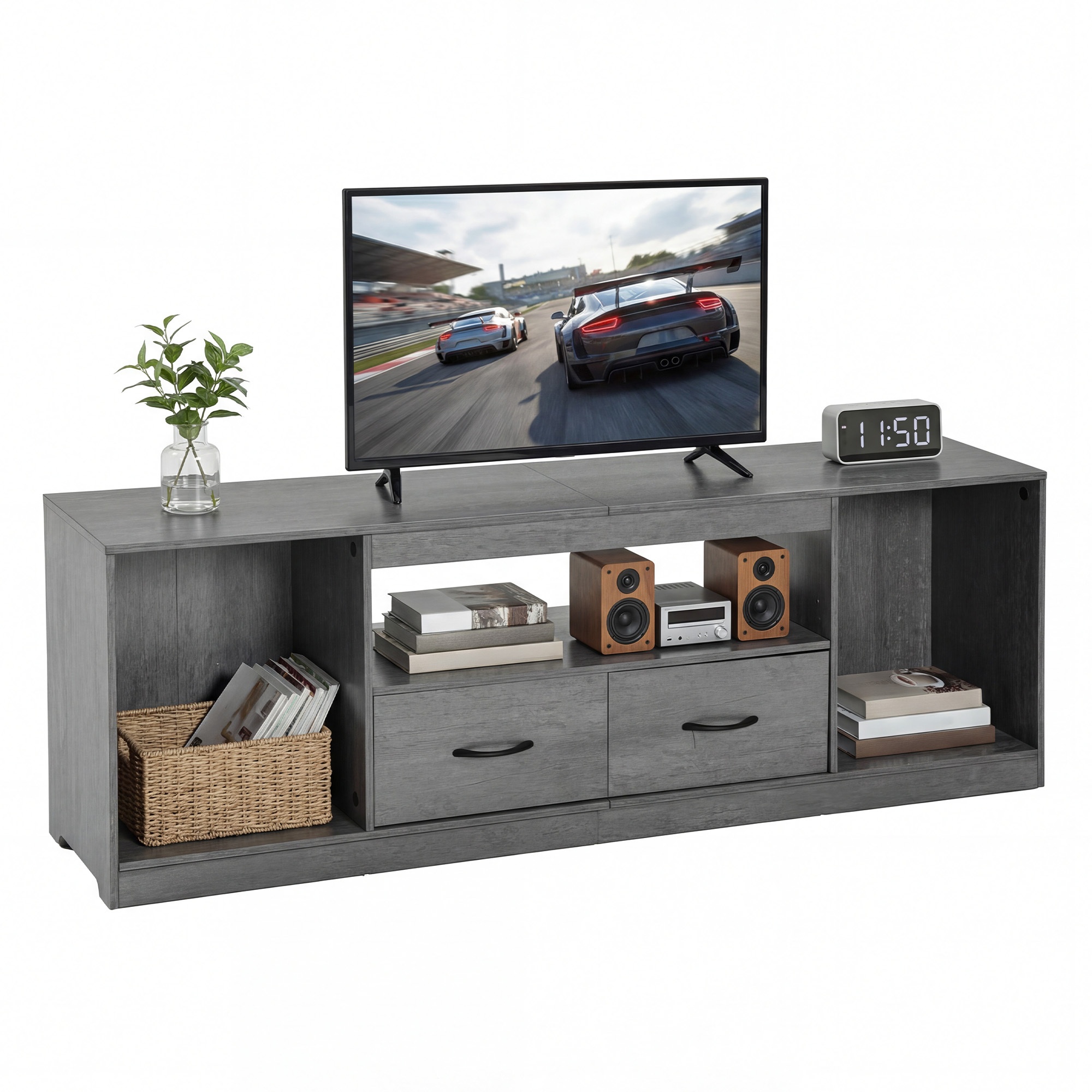 148cm Tv Stand For Tvs Up To 65 Inch, With 2 Fabric Drawers & Adjustable Shelves, Grain Finish, Storage Entertainment Center For Living Room