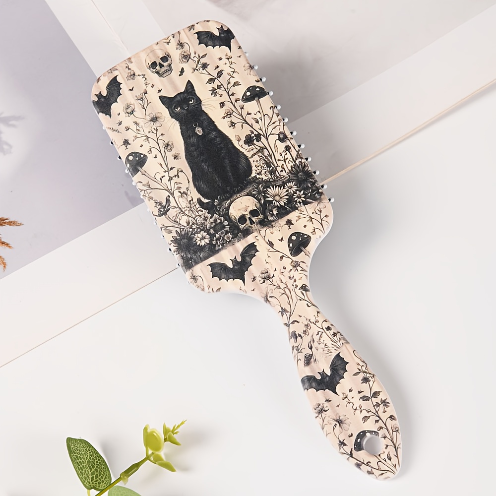 TEMU 1 Gothic Black Anti-static Hairbrush With , Mushroom, And Bat, Nylon Bristles - Suitable For All Hair Types, Durable Abs Handle