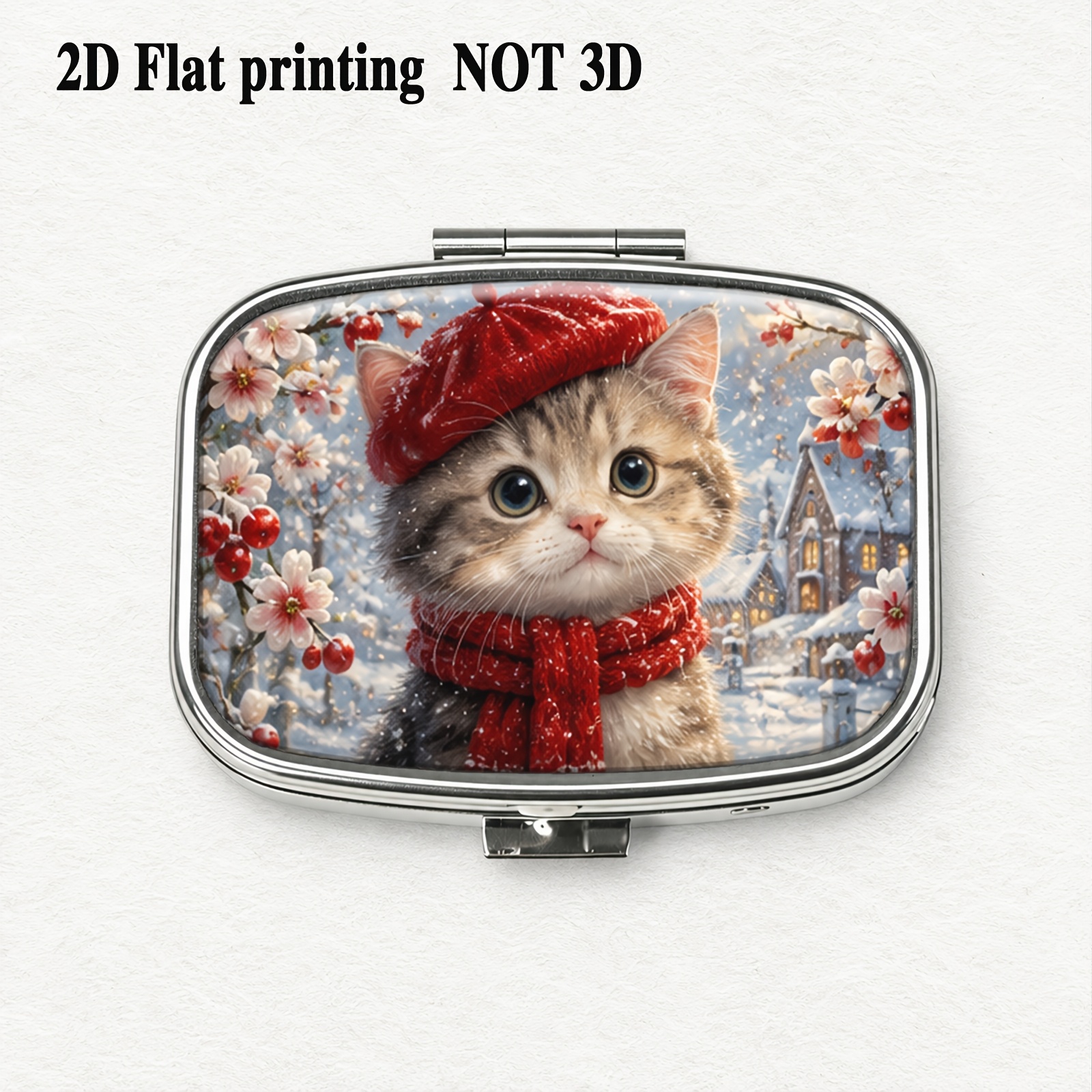 TEMU 1pc Square Pill Box With Christmas Winter Plum And Cat Print, Holiday Vintage Style, 2d Flat Printing, Pocket Pill Box, Press-type Jewelry Box,