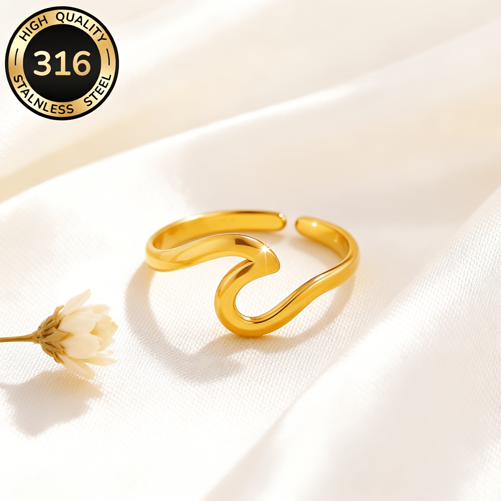 Hypoallergenic Golden Stainless Steel Open Ring with Wavy Curve