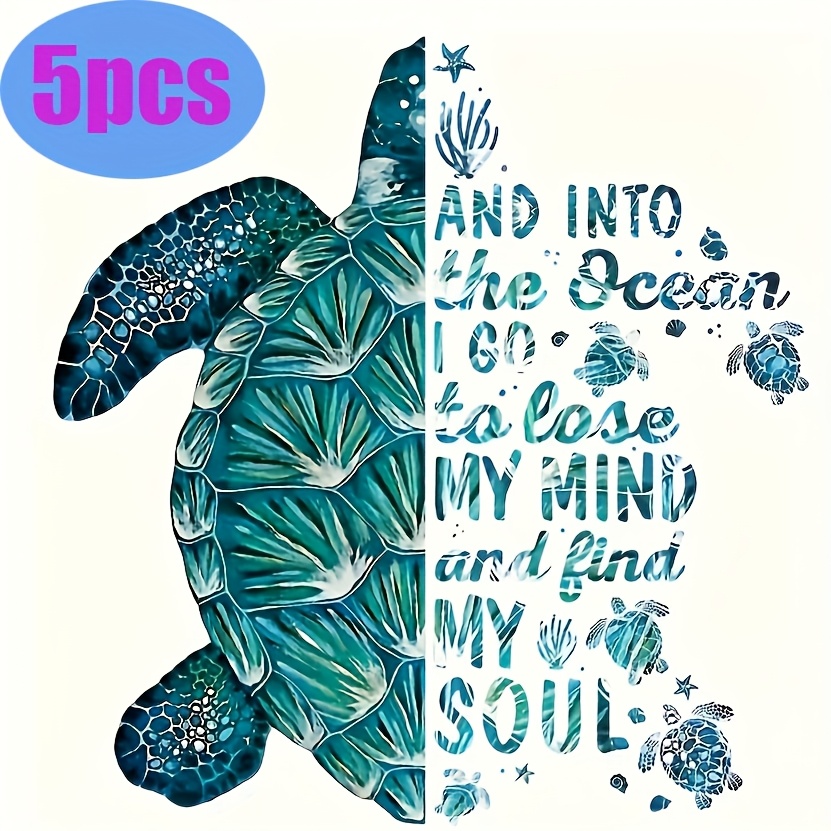TEMU 5pcs Sea Turtle & Shells Hot Transfer Vinyl Stickers - Marine-themed Diy Iron-on Patches Suitable For T-shirts, Fabric Crafts, Nautical Decor -