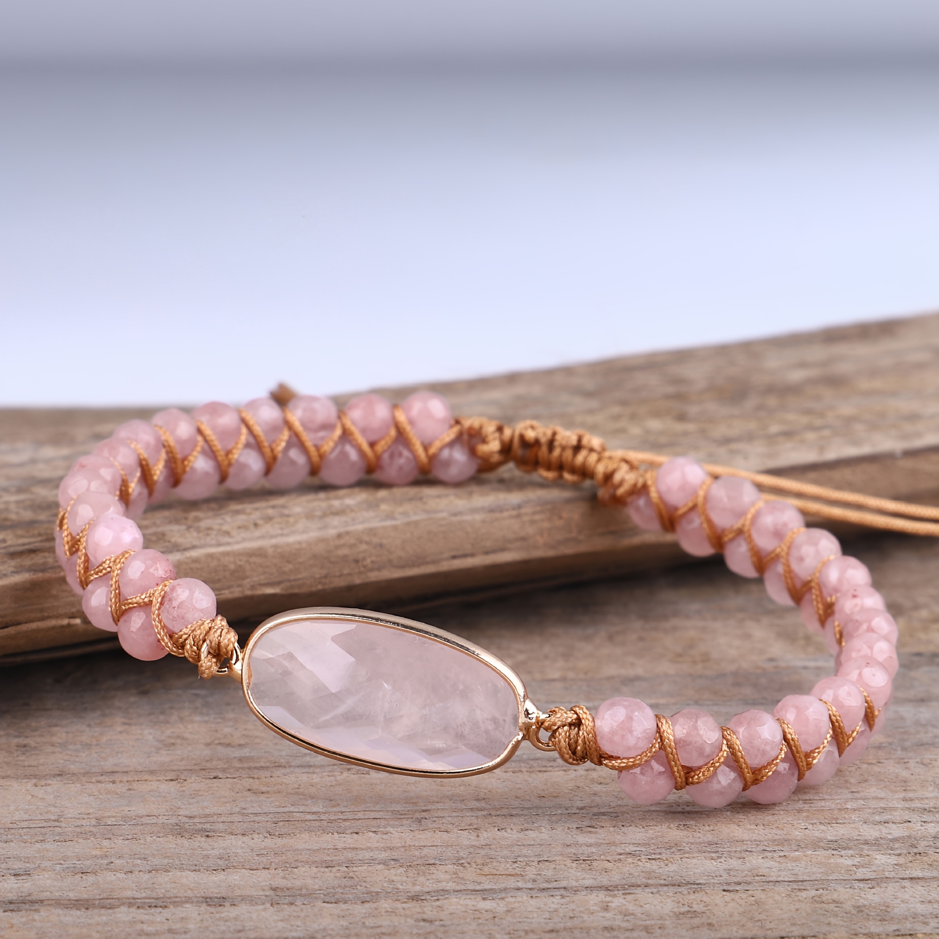 Image of Ladies Hand Woven Bracelet Made Of Natural Sparkling Rose Quartz, Perfect For Daily Wear. , Versatile And Attractive, A Perfect Gift For Your Girlfriend, Best Friend Or Mother. Mother's Day Gift
