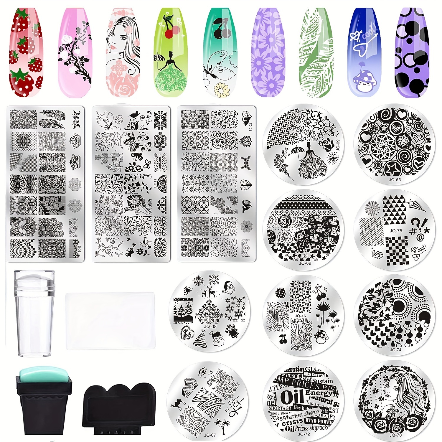 

Nail Stamping Plate Kit 2 Nail Stamper 13 Nail Plate Set 2 Scraper Nail Stamping Kit Template Image Plate Stencils Tool For Manicure Lace Design Holiday