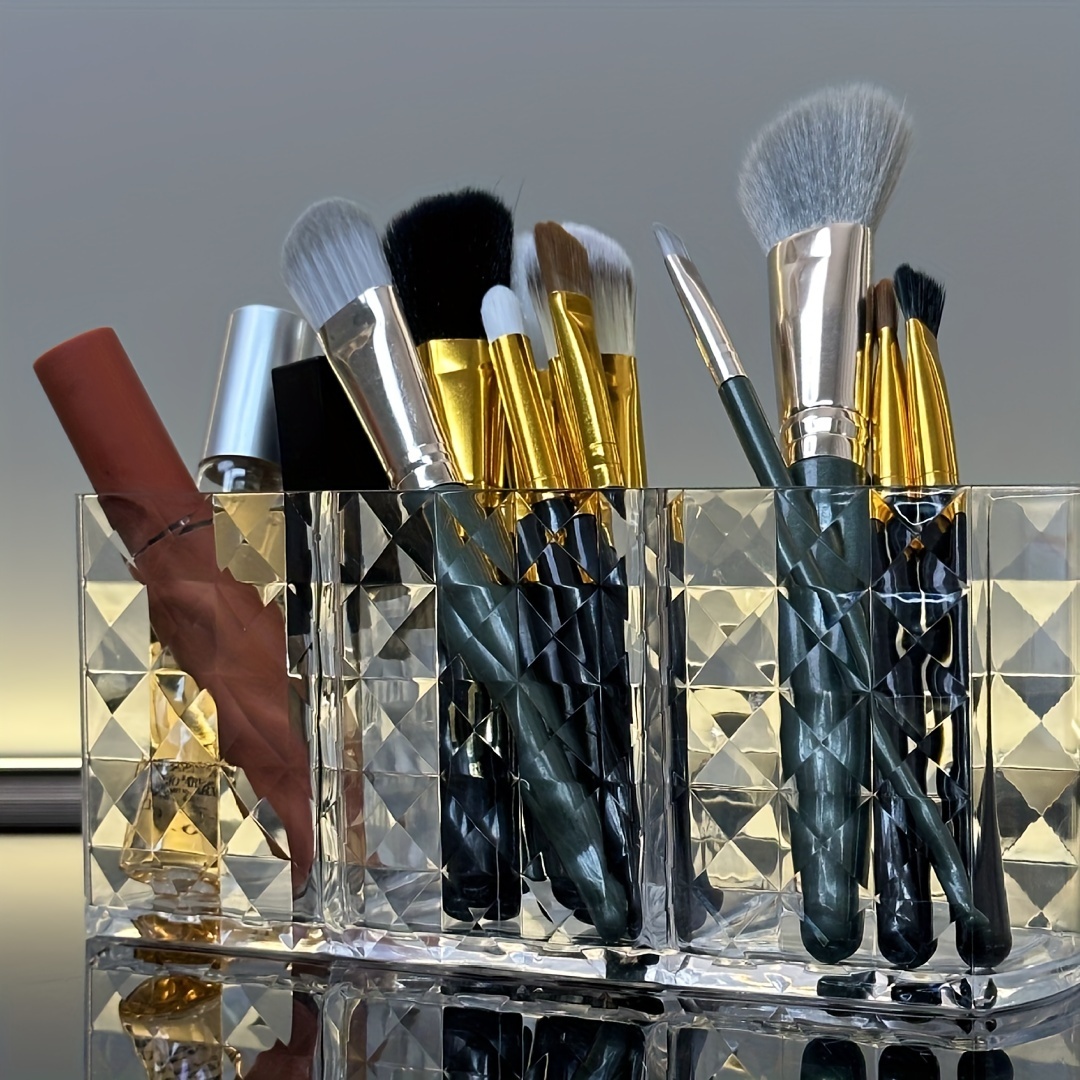 

1pc Acrylic Makeup Brush Holder - Transparent Diamond Pattern Pen Organizer, Beauty Tool Storage Box For Cosmetic Brushes & Nail Art Accessories