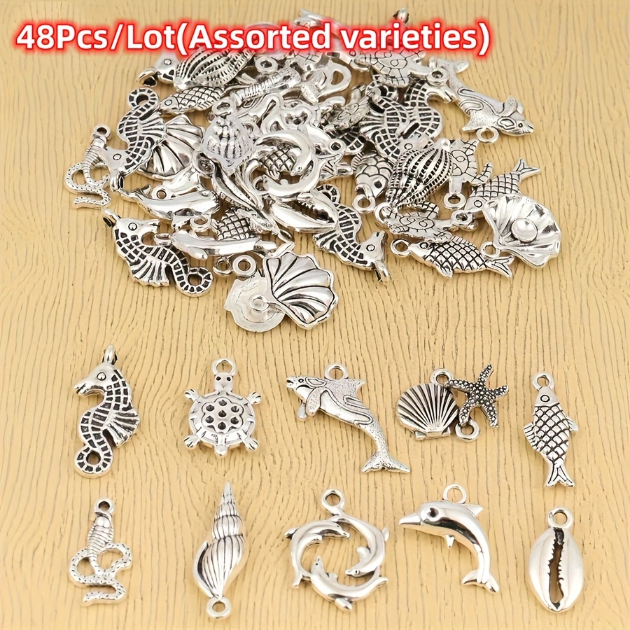 Image of 18/48pcs/lot Patterns Are Random Silvery Charms For Handmade Bracelets Conch/shells/turtles/fish/seahorse Pendants Earrings And Necklace Jewelry Making