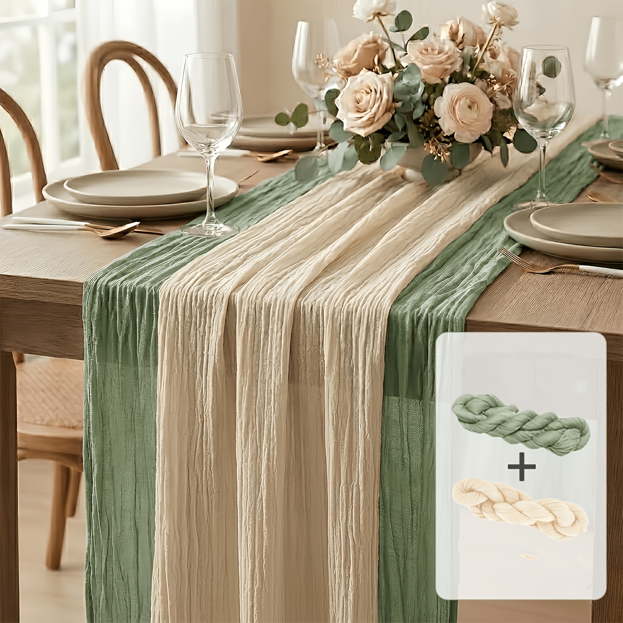 TEMU 2 piezas de de mesa de tela de queso verde y beige, 88.9 X 185.72 cm de largo, de gasa bohemio de tela de queso, adecuado para Navidad, Día de