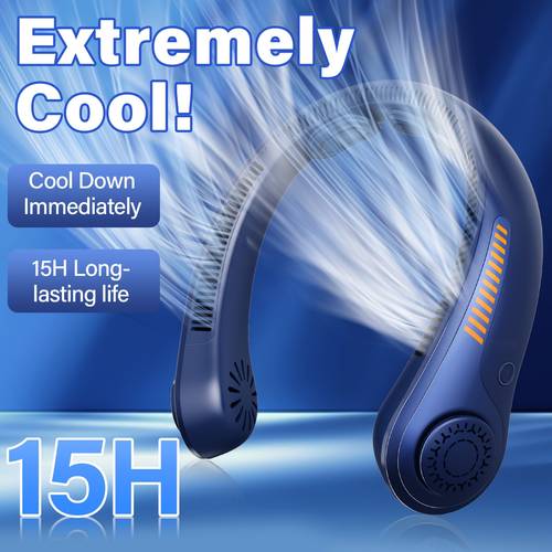 portable neck fan ultra light 5 speed silent bladeless cooling 15h usb rechargeable personal fan for office sleek blue great gift idea portable fan stylish cooling device