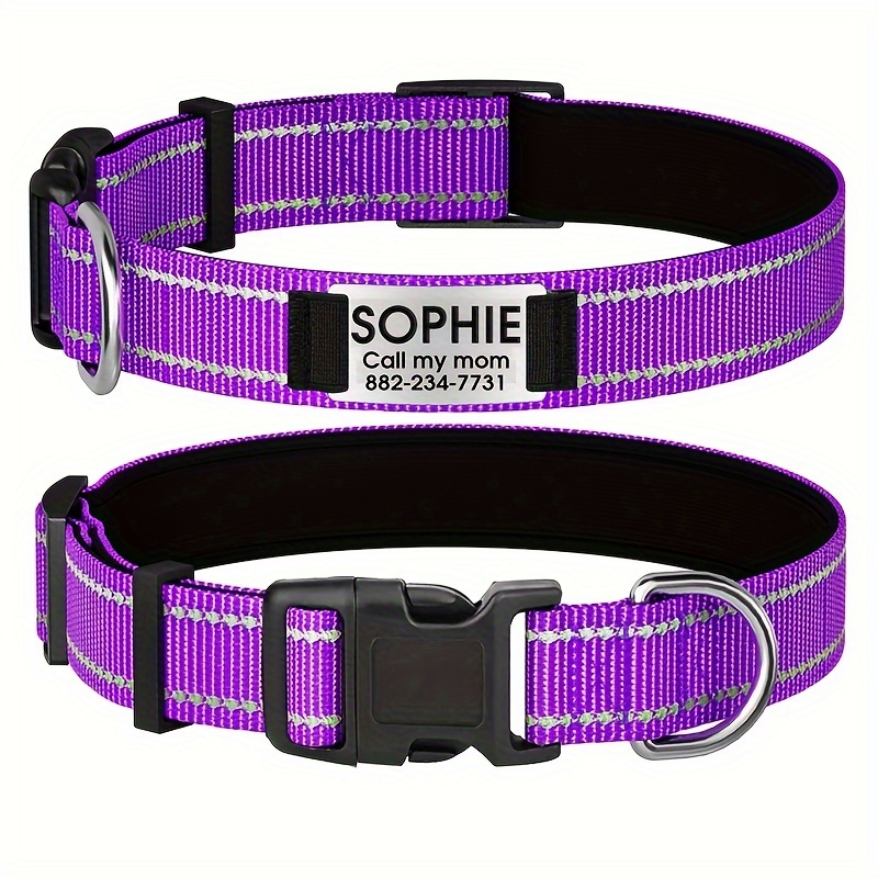 TEMU Customizable Reflective Dog Collar With Name Plate - Padded Nylon Fit, 12 Color Options & Personalized Name Tags, Replaces Id Tags, Perfect Gift