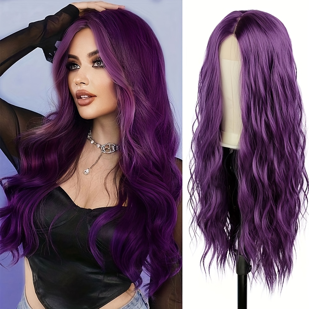 Image of 71.12cm Long Wavy Purple Wig For Women, High Density Heat Resistant Synthetic Wigs Middle Part, Breathable Cap, For Daily Party Halloween Costume Cosplay