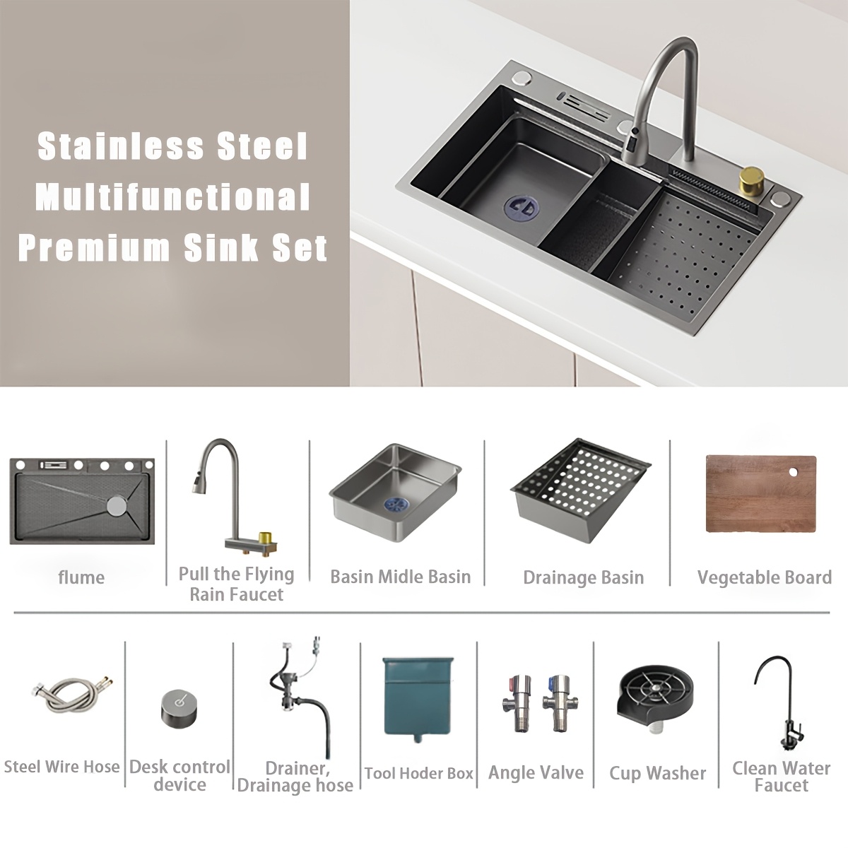Image of Gunmetal Sink Suite - Waterfall Faucet With Dual Sprayers & Accessory Dock, Extra-deep Composite Basin For Modern Kitchens/home Renovation, Install, Noise-reducing & Easy-clean