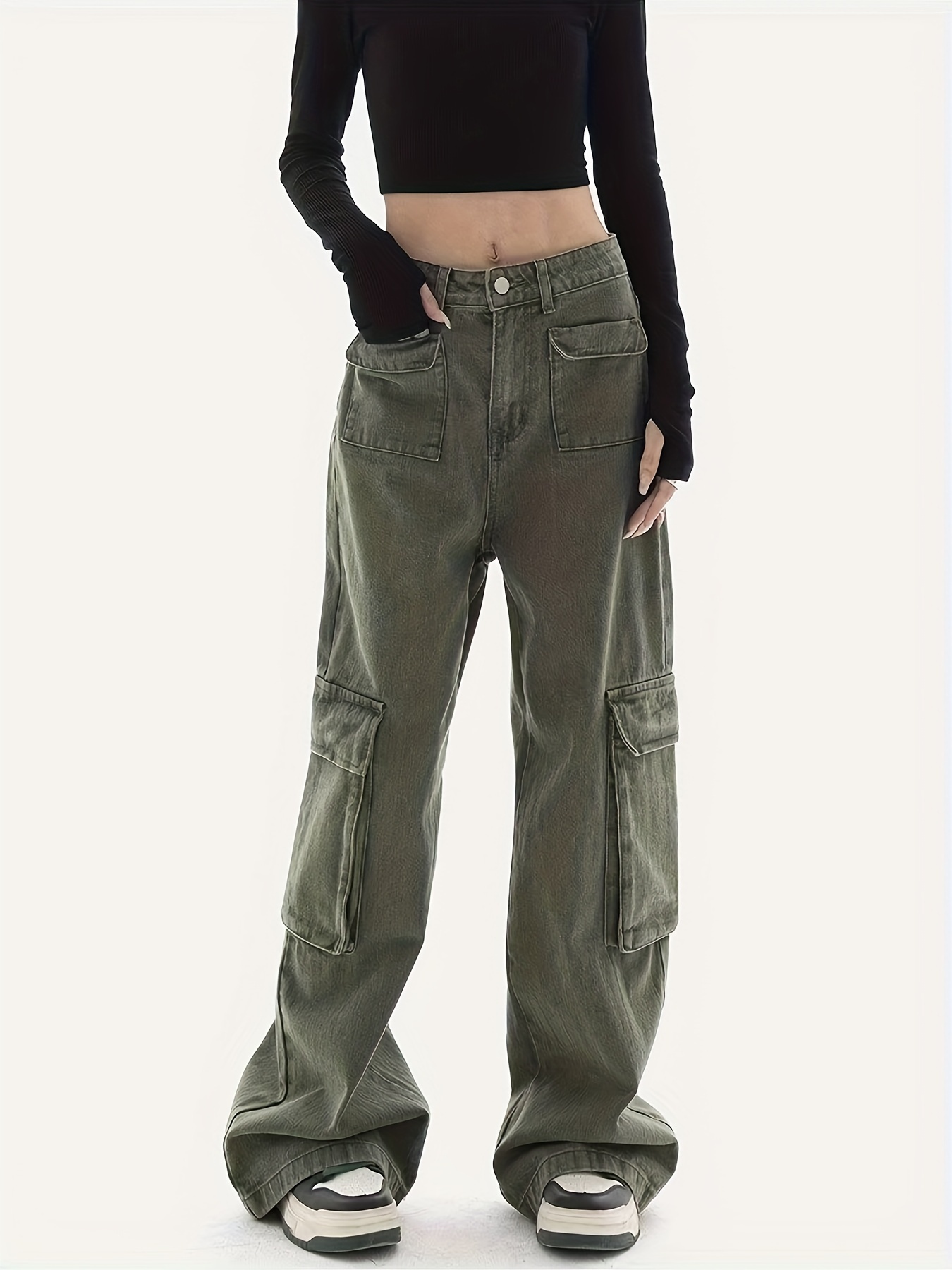 Side Flap Pocket Plain Cargo Jeans, Loose Fit Olive Green Y2K Kpop Denim  Pants, Women's Denim Jeans & Clothing