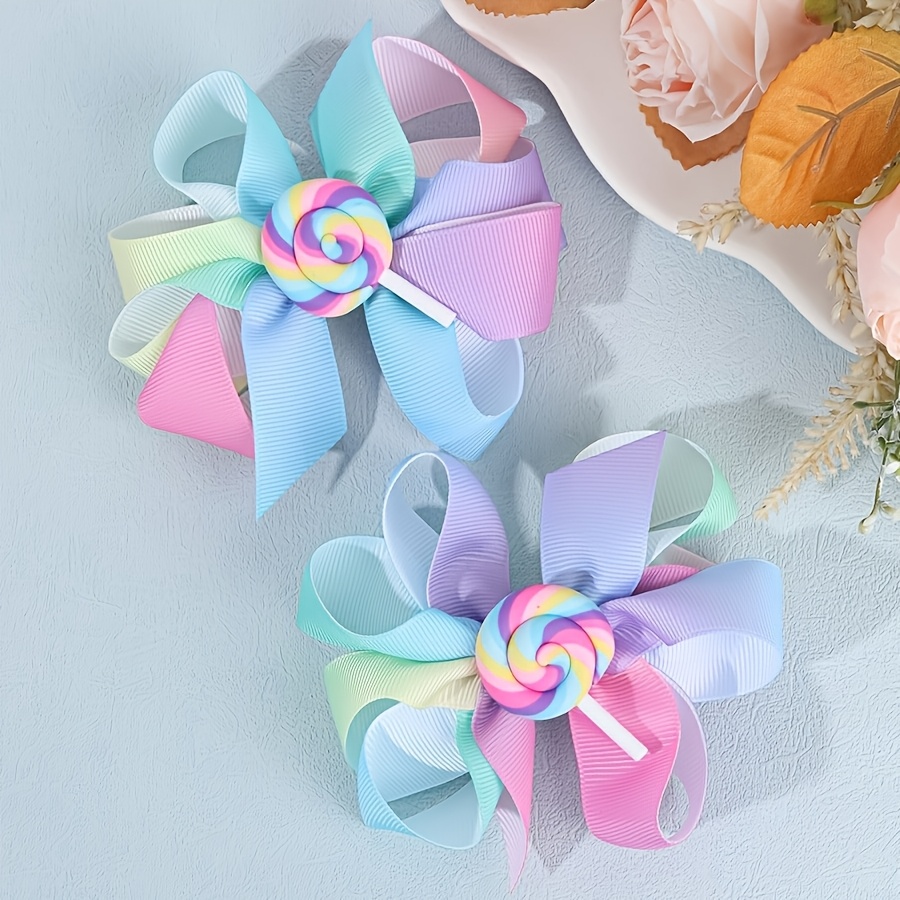 

2pcs Gradient Hair Bows With Lollipop, Round Shape Ribbon Bow Hair Clips, Cute Accessories For Girls