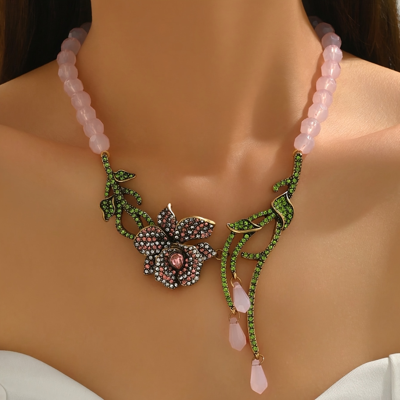TEMU 1 Elegant Vintage-style Pink Beaded Necklace With Floral Leaf-shaped Teardrop Tassels And Glass Gemstone Pendant, Suitable For Women' Wear Or