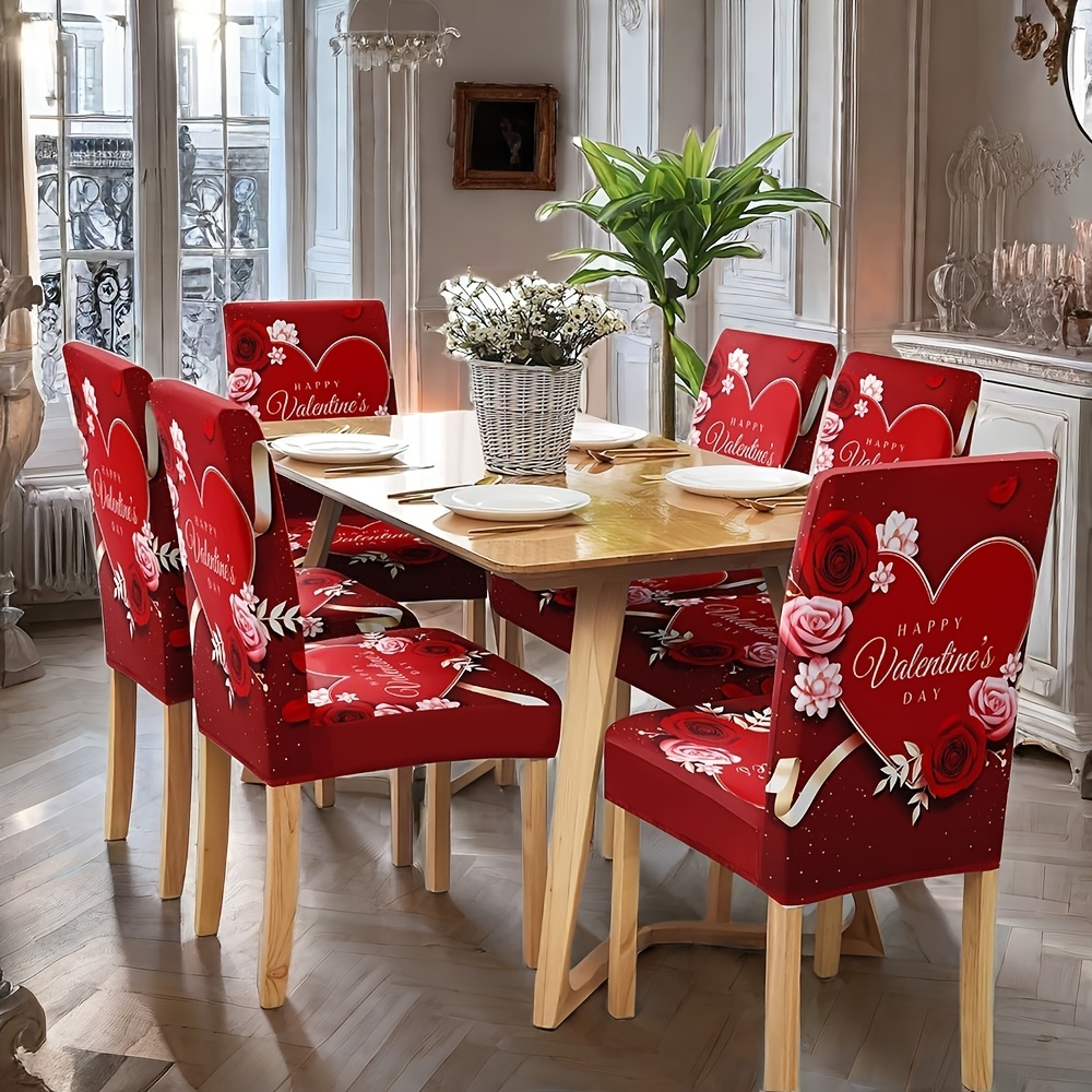 

Valentine's Day 6pcs Set: Red Heart & Floral Print Stretchable Chair Covers - Washable, Dustproof & Soft For Dining Room Decor