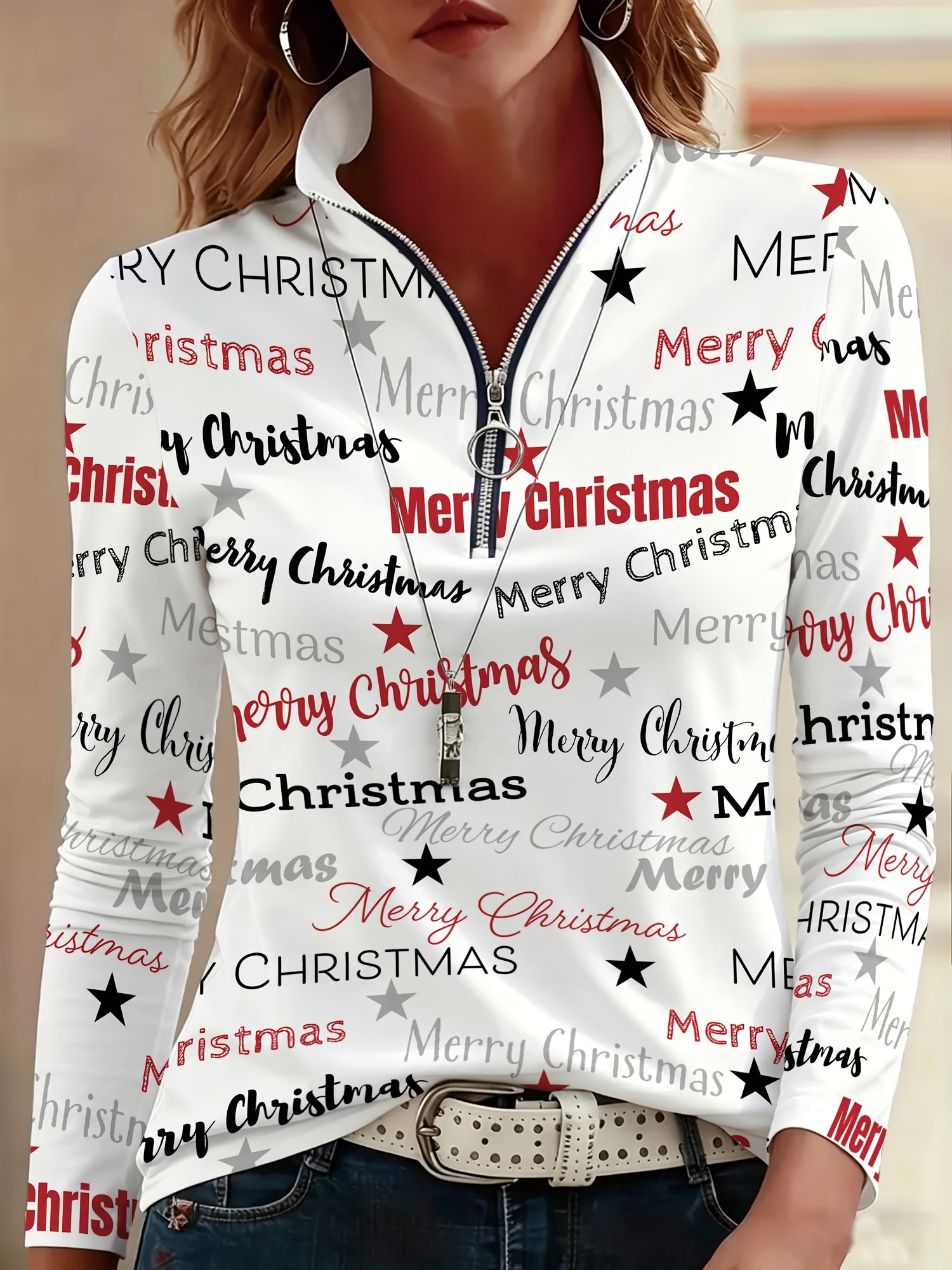 christmas print womens half zip stand collar long sleeve t shirt autumn winter pullover top christmas gift