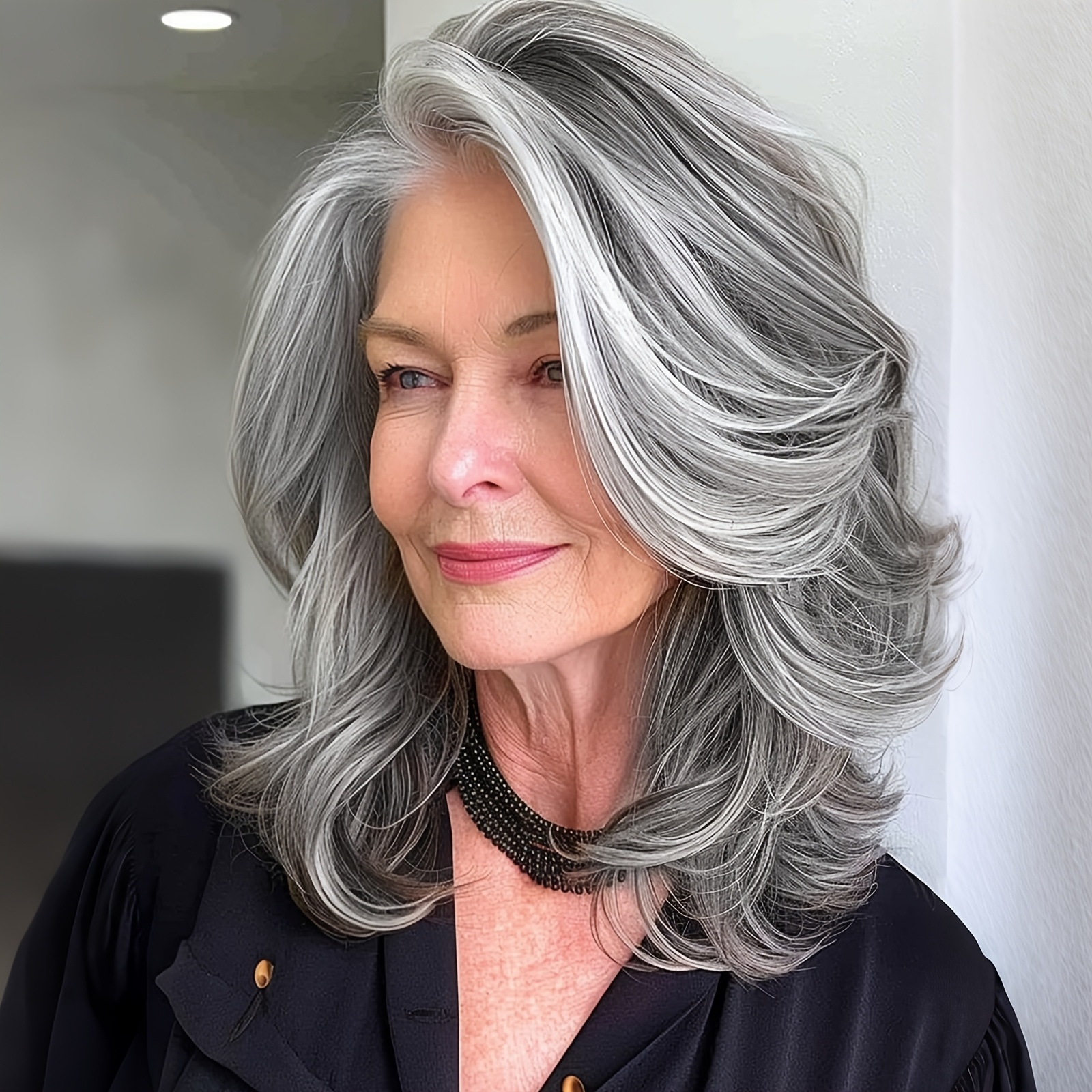 Image of Silvery Gray Ombre Layered Wigs With Curtain Bangs For Women Synthetic Short Light Grey Wig Layered Gray Wavy Bob Wig Highlight Grey Curly Bob Hair