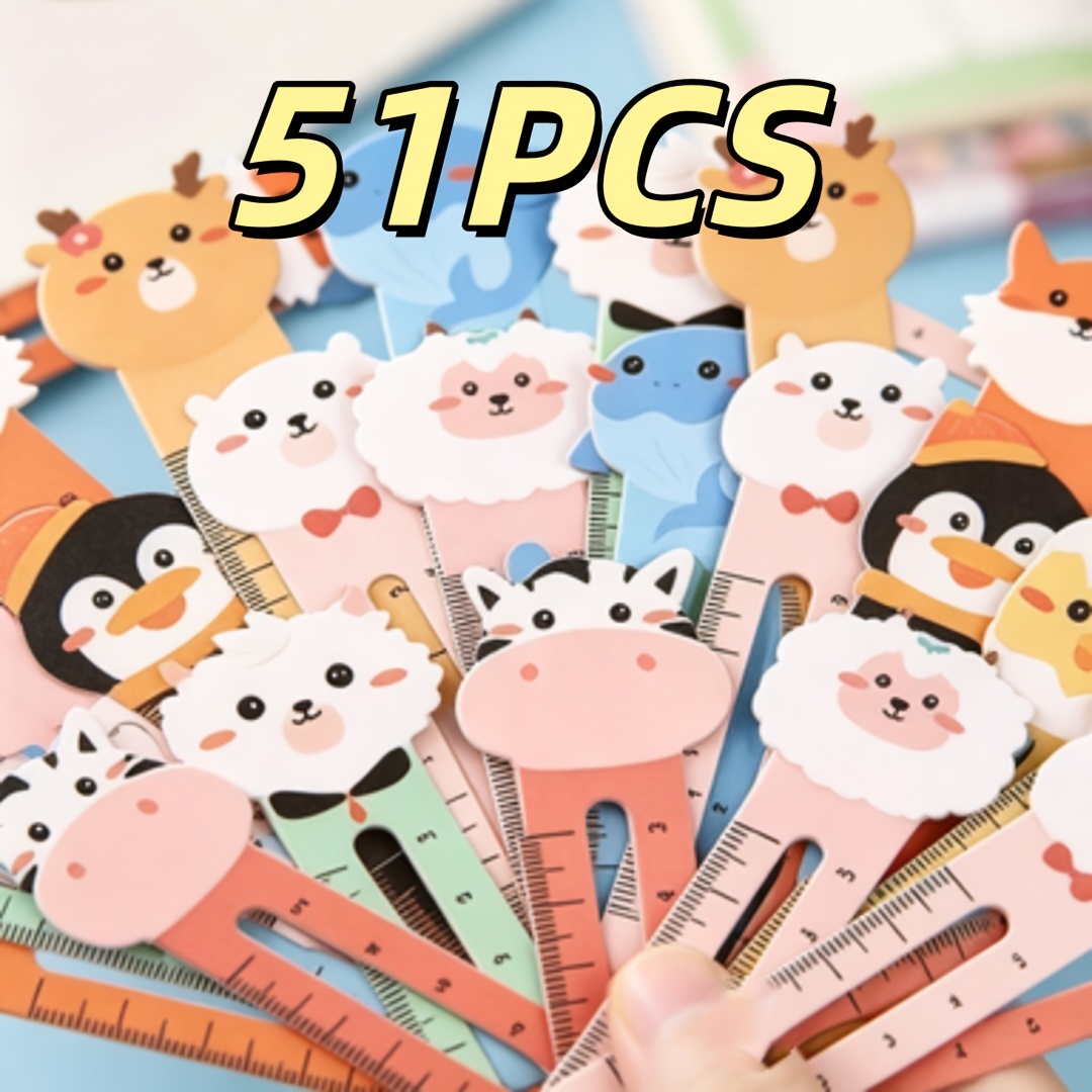 TEMU 51pcs Cute Cartoon Animal Bookmark Rulers, Innovative And Creative, Dual-use For Book Clips And Rulers, Clear Printing, Random Style, Teacher',