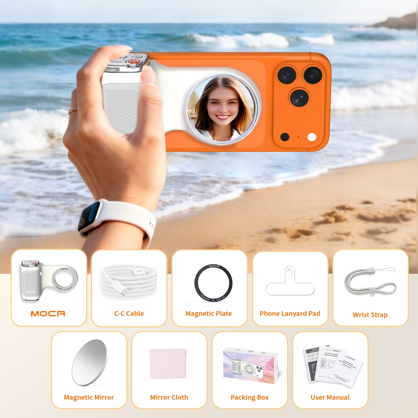 TEMU Comitok Magnetic Camera Grip And Mirror Combo, Dslr Ergonomic Phone Handle For Iphone Series With Ios 26 And Ios 18. Required, Wireless , Tripod