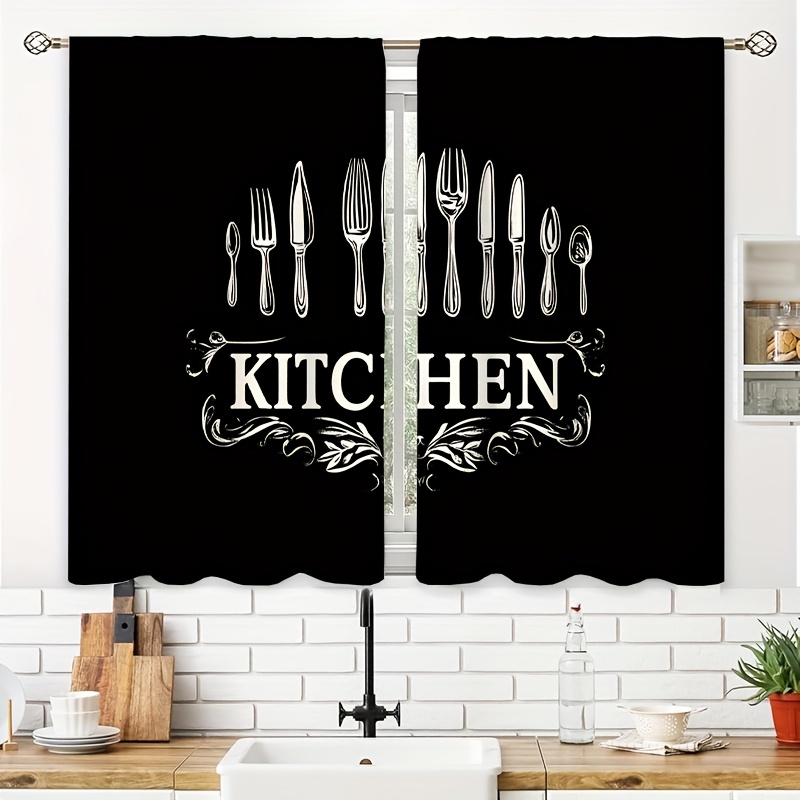 TEMU 2pcs Elegant Logo Design With The Text Kitchen Kitchen Printed Curtains Small Short Cafe Curtain Rod Pocket Bathroom Curtain Treatments Tiers