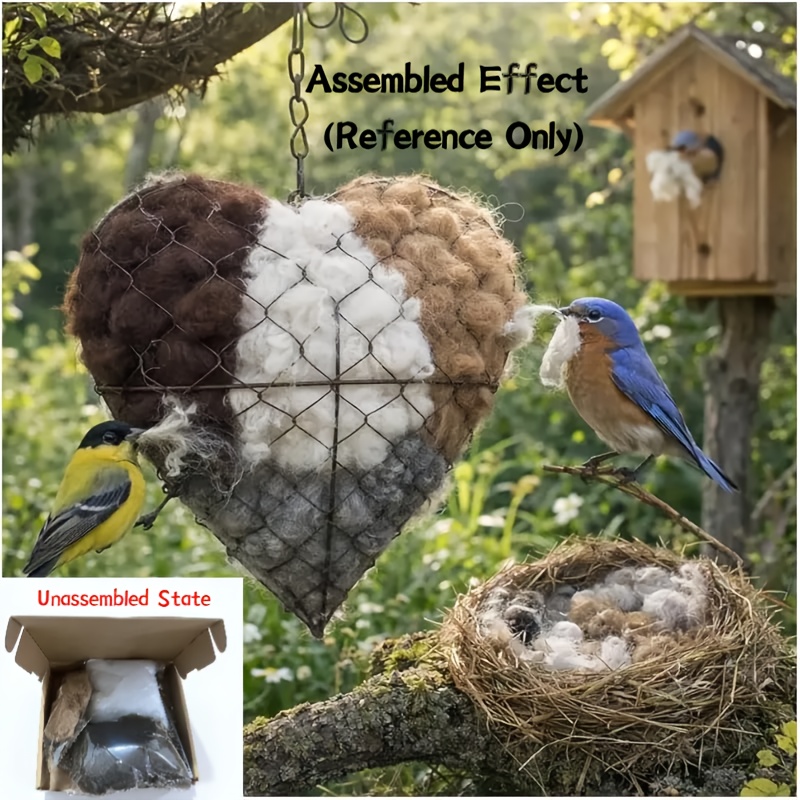 Image of Handmade Fiber Bird , Refillable Birds Haven 1 Heart Shape Hummingbird Nesting And 2 Bags Of Nest Materials, Winter Gifts Animal Hummingbirds Lovers Home Garden Yard (1 Set), Without Battery