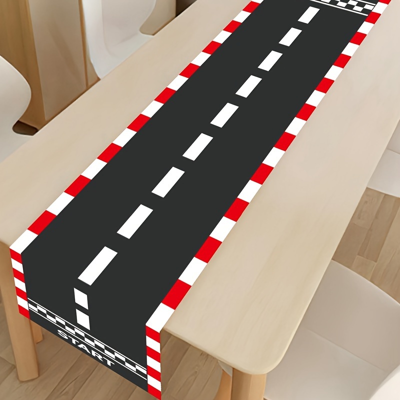 

Sports Theme Polyester Table Runner, Racing Car Party Checkered Tablecloth, Machine Made Pattern, Birthday & Other Holidays Occasion, Game Decoration For Boys Baby Shower & Home Decor