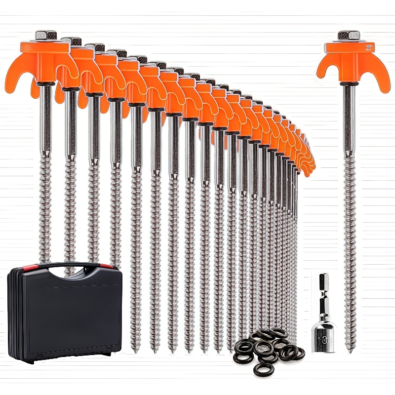 Image of 10/20-pack Heavy Duty Tent Stakes, 8 Inch Metal Ground Anchor Screw-in, Metal Threaded Ground Anchors With Hex Head Driver & Storage Box For Camping, Orange Threaded Tent Pegs For Outdoor Use