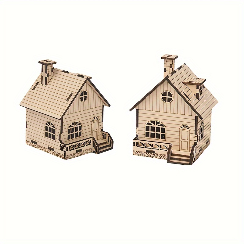 Image of 2 Sets Of Wooden Christmas Cottages, 3d Christmas Puzzles, Holiday Gifts , Home Desktop Decorations