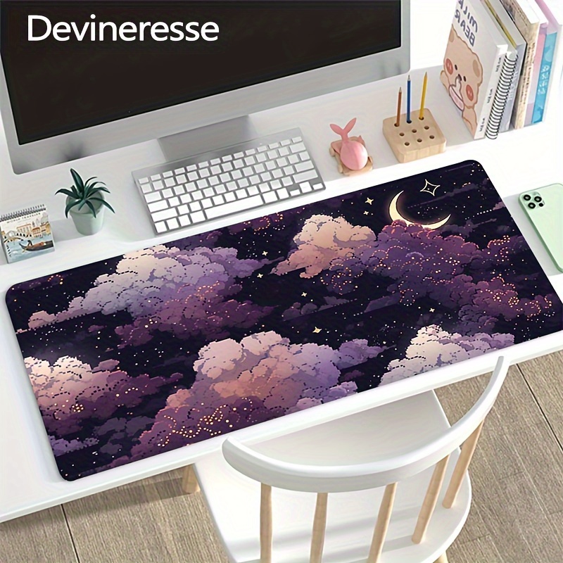 

Mysterious Purple Clouds And Moon Large Gaming Mouse Pad, Office Desk Pad Keyboard Pad Computer Mouse Non-slip Rubber Base Stitched Edges Mousepad For Home Office Game