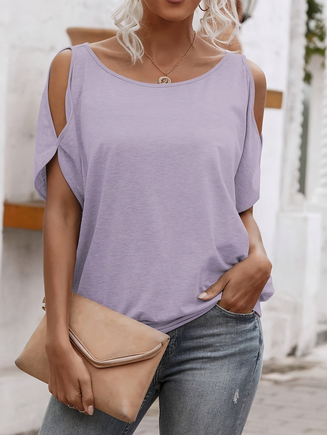 Women'S Light Blue Casual Crew Neck Short Sleeve T-Shirt with Tie-Back Detail - Soft Polyester Summer Top for Casual Attire, Ladies T Shirts
