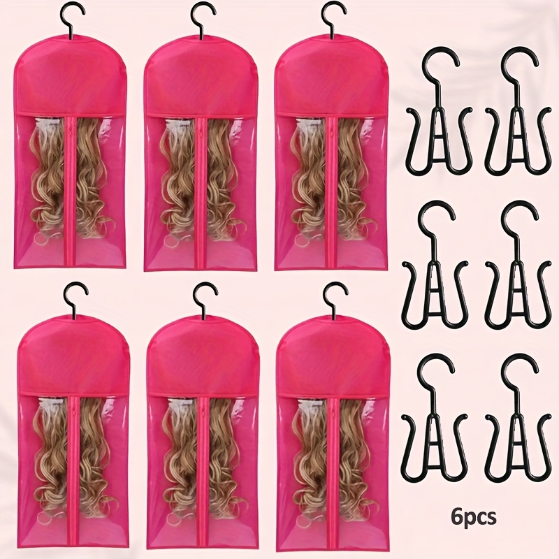 TEMU 6pcs Of Rose-colored Adult Wig Hangers For Men And Women, Transparent Zippered Wig Bags, Dustproof Hairpin Organizers With Hangers, Suitable For Hair Salons And Home Use