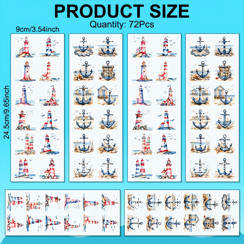 E-shop 72-teiliges Set Süßer – Nautischer, Sommer-Strand, Vintage-Stil Schlüsselanhänger-Transferpapier – Lebendiger, wasserfester UV-DTF-Transfer,