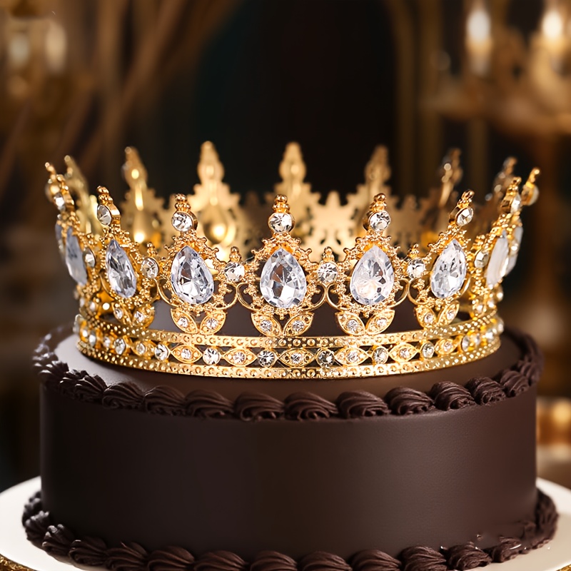 Golden Rhinestone Queen Crown - Baroque Style, Gemstone Embellished, Ideal For Birthdays, Weddings, Costume Parties & Formal Events, Formal Headpiece | Glittering Crown | Rhinestone Accents