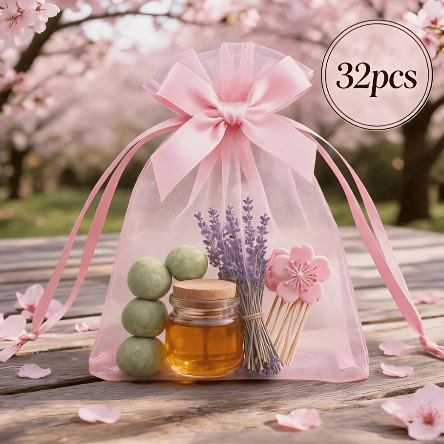 TEMU Cadeau Pour Elle/Lui 32pcs/Set Magnifiques et Élégants Sacs à Cordon en Organza Rose, Petits Sacs en Rose Mignons pour Ranger Petites Additions,