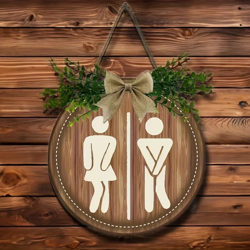 

Wooden Restroom Sign Decor With Artificial Greenery: Manufactured Wood, Wall-mounted For Entryway - Gender Indicators Without Text