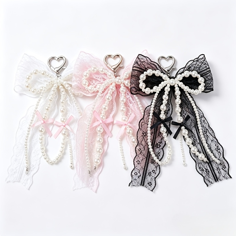 3pcs Mother's Day Gift Lace Tiered Bow Beaded Keychain, Cute ,, Phone Case, Car & Luggage Decorative Pendant, Valentine's Day, Birthday, Christmas, New Year Holiday Gift