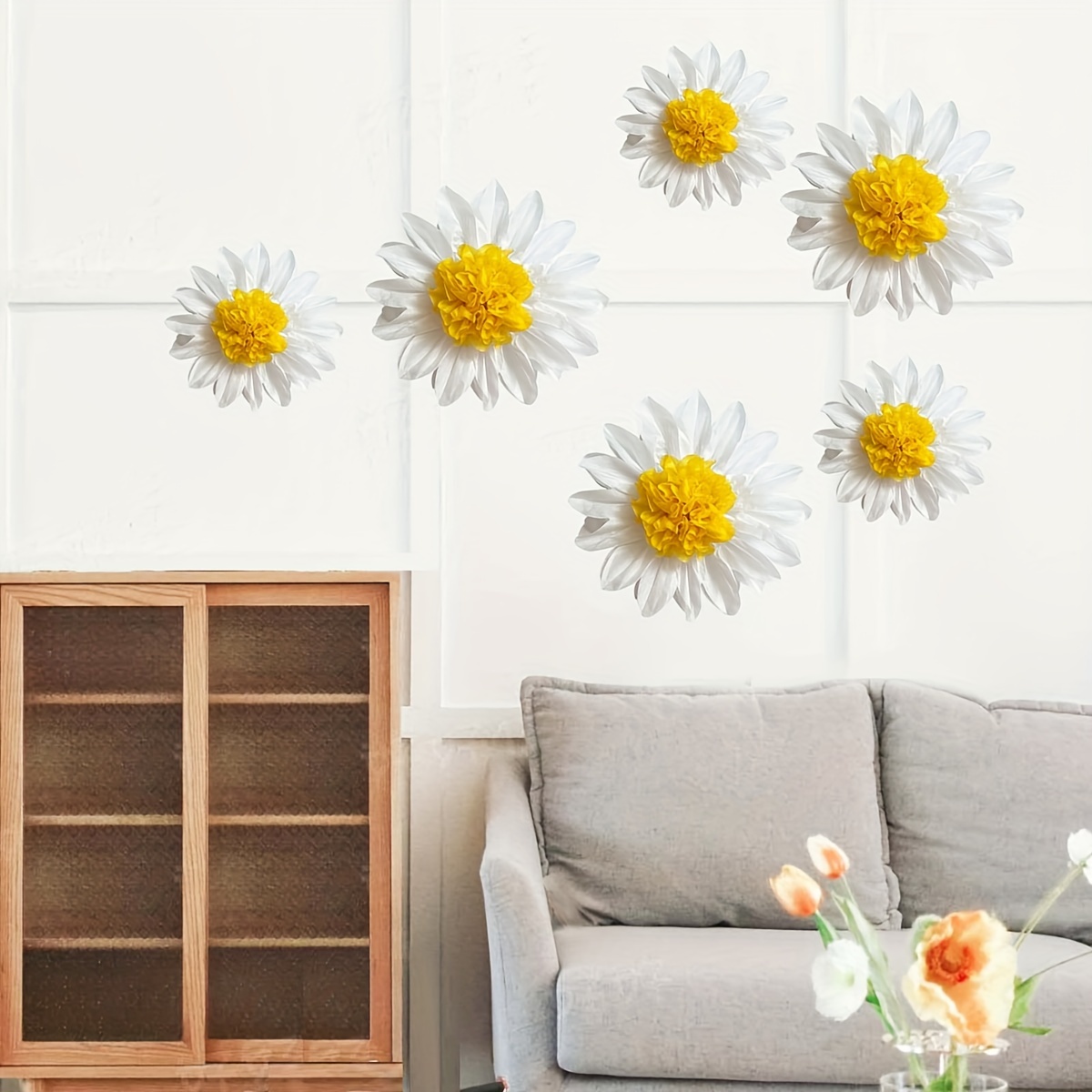 

10-piece Daisy Tissue Paper Pom Poms Set - White & Yellow Flower Wall Decor For Graduation, Birthday, Baby Shower, Wedding, Classroom - 12" (5pcs) + 8" (5pcs) Sizes