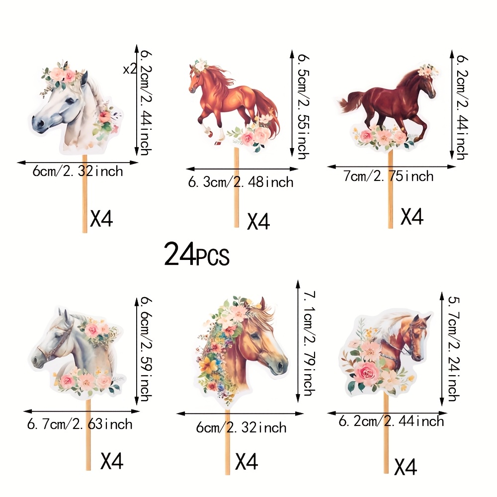 Image of 24-pack Flower Horse Birthday Party Decorations, Horse Cupcake Toppers, Cowgirl Western Farm Party Decor