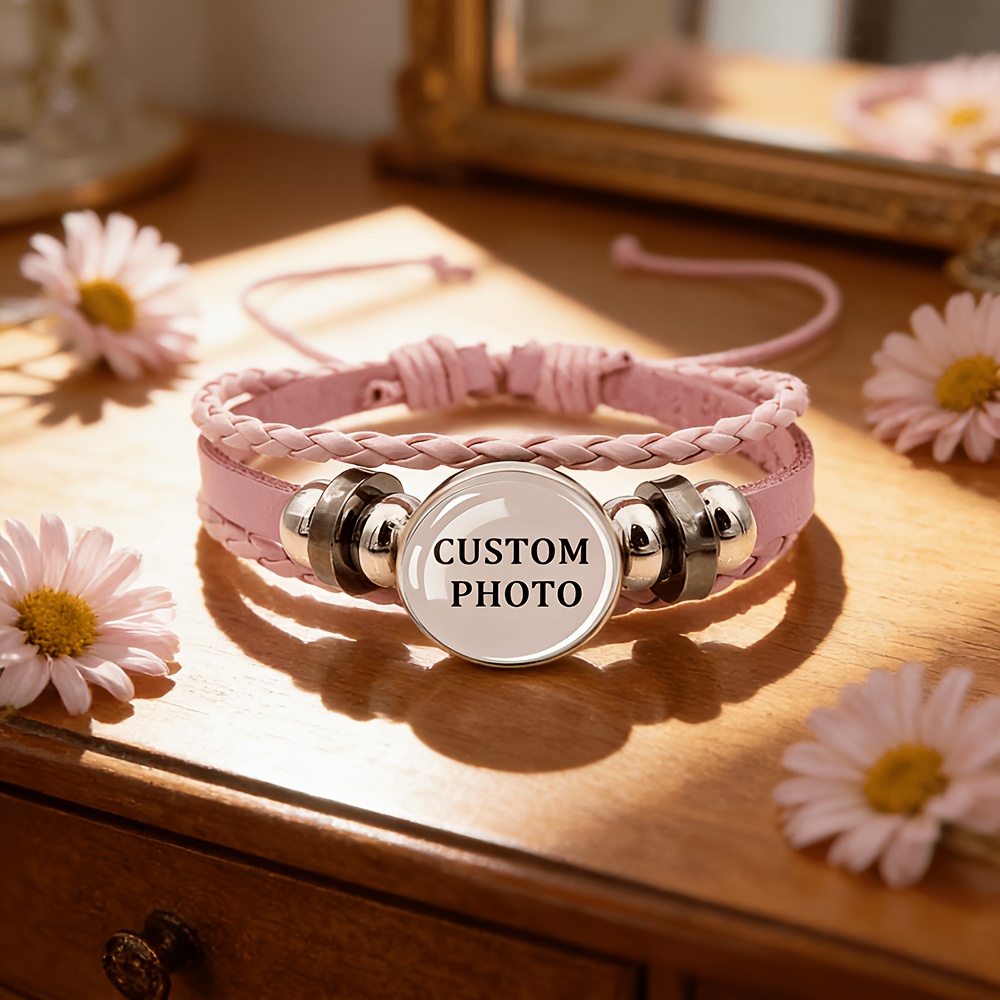 Photo Customization Pink Slide Bracelet, Vintage Glass PU Leather