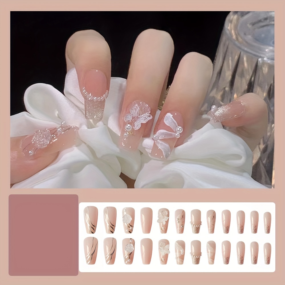 24pcs Press-on Fake Nails, Transparent Camellia And Pattern, Nail Art, Includes 1 Tape & 1 Nail File