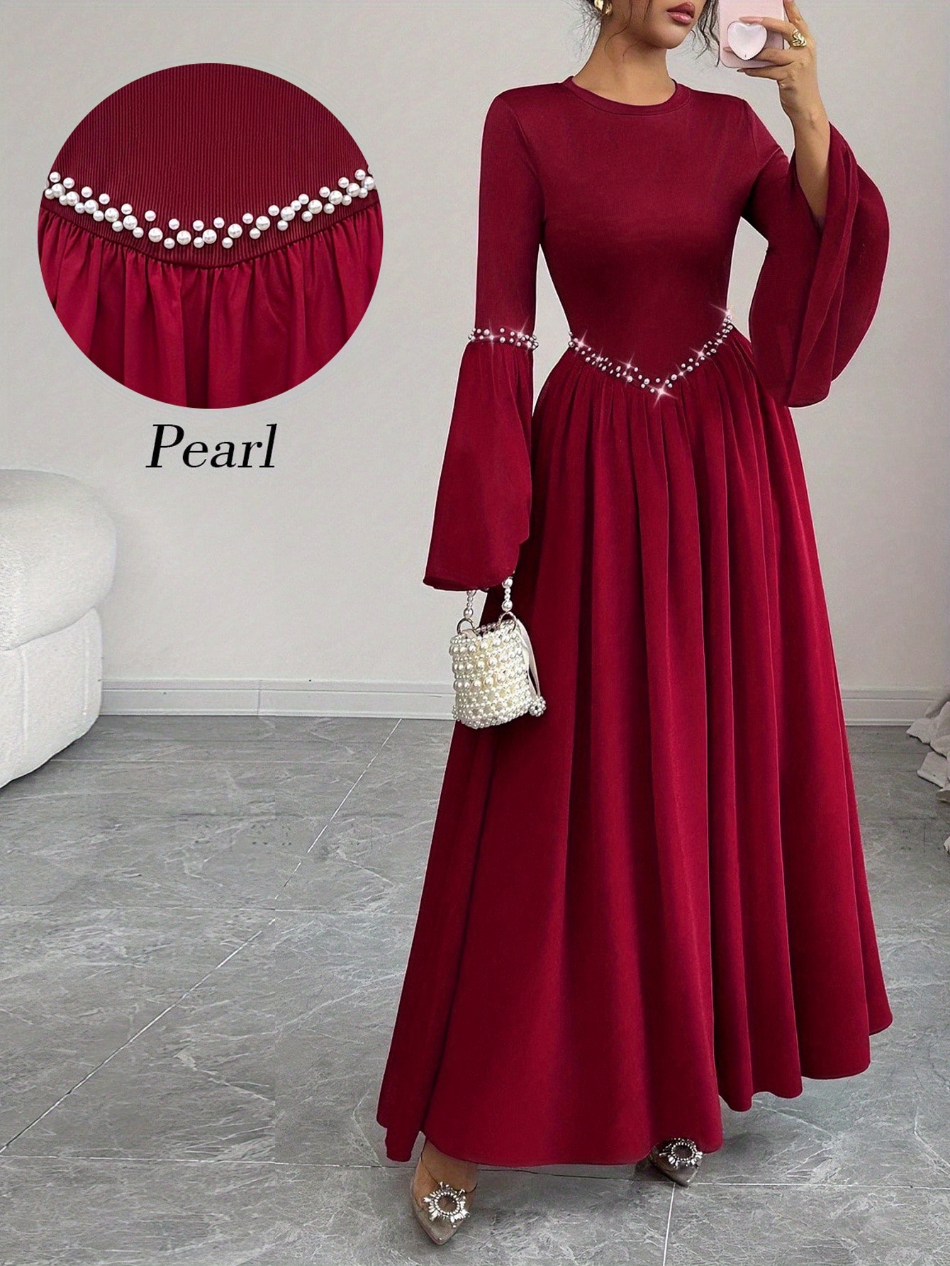 womens elegant long sleeve a line maxi dress with round neck waist cinching burgundy red formal evening gown for weddings Product details 3