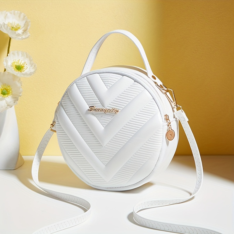 Image of Women's Fashion Round Crossbody Bag, Casual Shoulder Handbag With V-quilted Pattern, Elegant Purse For Daily Essentials, With Detachable Strap